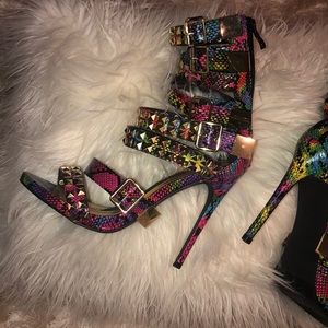Multi colored snake print studded heels